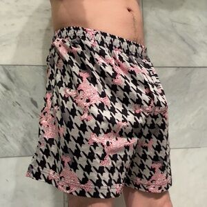 Houndstooth Knit Boxer Shorts with Pink Skull Print